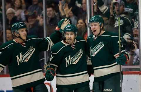 Apr 9, 2016; Saint Paul, MN, USA; Minnesota Wild forward Zac Dalpe (27) celebrates his first goal as a member of the Minnesota Wild in the second period against the Calgary Flames at Xcel Energy Center. Mandatory Credit: Brad Rempel-USA TODAY Sports