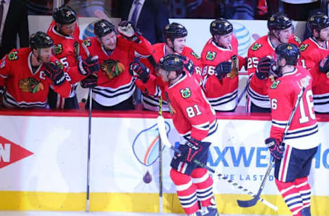 Apr 23, 2016; Chicago, IL, USA; Chicago Blackhawks right wing Marian Hossa (81) is congratulated for scoring during the third period in game six of the first round of the 2016 Stanley Cup Playoffs against the St. Louis Blues at the United Center. Chicago won 6-3. Mandatory Credit: Dennis Wierzbicki-USA TODAY Sports