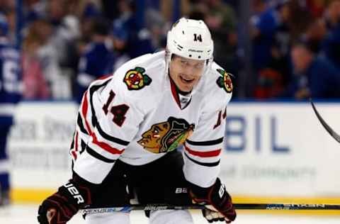 Jan 21, 2016; Tampa, FL, USA;Chicago Blackhawks right wing Richard Panik (14) works out prior to the game against the Tampa Bay Lightning at Amalie Arena. Mandatory Credit: Kim Klement-USA TODAY Sports