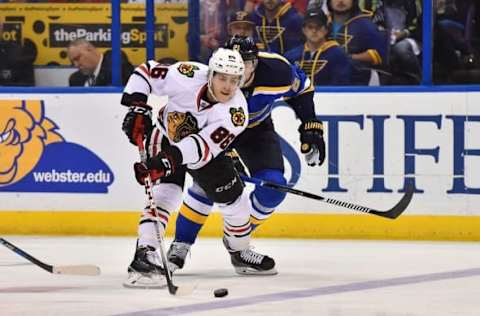 Apr 25, 2016; St. Louis, MO, USA; Chicago Blackhawks left wing Teuvo Teravainen (86) skates away from St. Louis Blues center Patrik Berglund (21) during the first period in game seven of the first round of the 2016 Stanley Cup Playoffs at Scottrade Center. Mandatory Credit: Jasen Vinlove-USA TODAY Sports