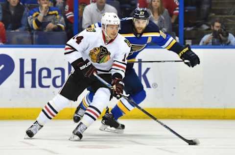 Apr 25, 2016; St. Louis, MO, USA; St. Louis Blues defenseman Alex Pietrangelo (27) chases Chicago Blackhawks right wing Richard Panik (14) during the first period in game seven of the first round of the 2016 Stanley Cup Playoffs at Scottrade Center. Mandatory Credit: Jasen Vinlove-USA TODAY Sports