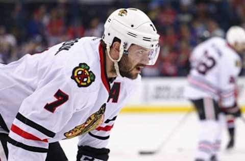 Apr 9, 2016; Columbus, OH, USA; Chicago Blackhawks defenseman Brent Seabrook (7) against the Columbus Blue Jackets at Nationwide Arena. The Blue Jackets won 5-4 in overtime. Mandatory Credit: Aaron Doster-USA TODAY Sports