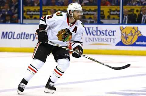 Apr 21, 2016; St. Louis, MO, USA; Chicago Blackhawks defenseman Duncan Keith (2) in action during the first period in game five of the first round of the 2016 Stanley Cup Playoffs against the St. Louis Blues at Scottrade Center. Mandatory Credit: Billy Hurst-USA TODAY Sports