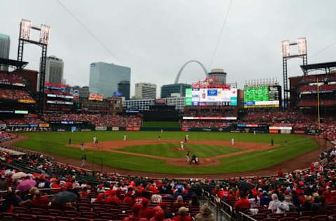 Jul 3, 2016; St. Louis, MO, USA; A general view of Busch Stadium as the rain falls during the seventh inning of a game between the Milwaukee Brewers and the St. Louis Cardinals. Mandatory Credit: Jeff Curry-USA TODAY Sports