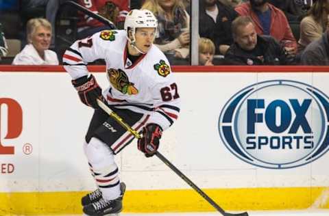 Oct 30, 2015; Saint Paul, MN, USA; Chicago Blackhawks forward Tanner Kero (67) skates with the puck during the first period against the Minnesota Wild at Xcel Energy Center. Mandatory Credit: Brace Hemmelgarn-USA TODAY Sports