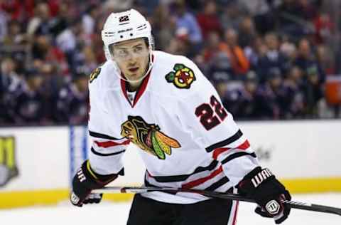 Apr 9, 2016; Columbus, OH, USA; Chicago Blackhawks center Marcus Kruger (22) against the Columbus Blue Jackets at Nationwide Arena. The Blue Jackets won 5-4 in overtime. Mandatory Credit: Aaron Doster-USA TODAY Sports