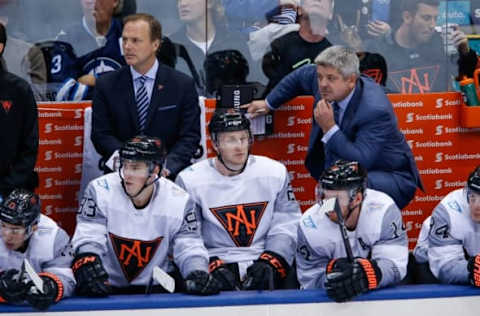 Sep 18, 2016; Toronto, Ontario, Canada; Team North America Head Coach Todd McLellan watches from the bench in the third period against Team Finland during preliminary round play in the 2016 World Cup of Hockey at Air Canada Centre. Team North America won 4-1. Mandatory Credit: Kevin Sousa-USA TODAY Sports