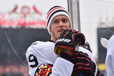 Jan 1, 2017; St. Louis, MO, USA; Chicago Blackhawks center Jonathan Toews (19) looks on before practice for the Winter Classic hockey game at Busch Stadium. Mandatory Credit: Jasen Vinlove-USA TODAY Sports