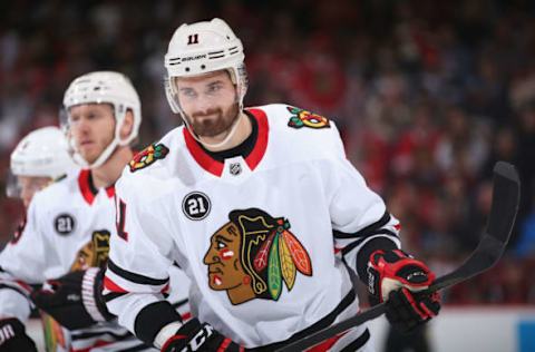 GLENDALE, ARIZONA – MARCH 26: Brendan Perlini #11 of the Chicago Blackhawks during the first period of the NHL game against the Arizona Coyotes at Gila River Arena on March 26, 2019 in Glendale, Arizona. (Photo by Christian Petersen/Getty Images)