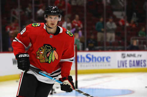 CHICAGO, ILLINOIS – SEPTEMBER 18: Dominik Kubalik #8 of the Chicago Blackhawks participates during warm-ups before a preseason game against the Detroit Red Wings at the United Center on September 18, 2019 in Chicago, Illinois. (Photo by Jonathan Daniel/Getty Images)