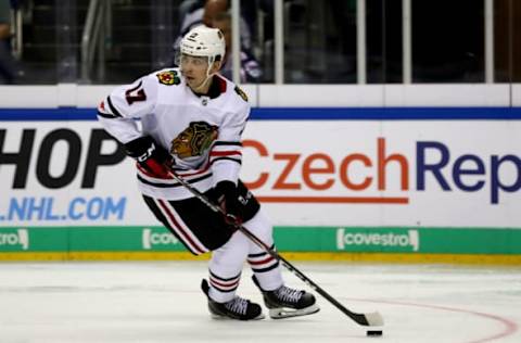 BERLIN, GERMANY – SEPTEMBER 29: Dylan Strome of Chicago Blackhawks skates against Eisbaeren Berlin during the NHL Global Series Challenge 2019 match between Eisbaeren Berlin and Chicago Blackhawks at Mercedes-Benz Arena on September 29, 2019 in Berlin, Germany. (Photo by Martin Rose/NHLI via Getty Images)