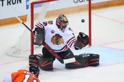 PRAGUE, CZECH REPUBLIC – OCTOBER 4: Corey Crawford #50 of the Chicago Blackhawks tends net against the Philadelphia Flyers during the Global Series Challenge game at O2 Arena on October 4, 2019 in Prague, Czech Republic. (Photo by Andre Ringuette/NHLI via Getty Images)