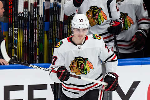 Kirby Dach #77, Chicago Blackhawks (Photo by Codie McLachlan/Getty Images)