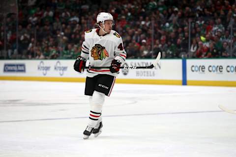 Lucas Carlsson #46, Chicago Blackhawks (Photo by Ronald Martinez/Getty Images)