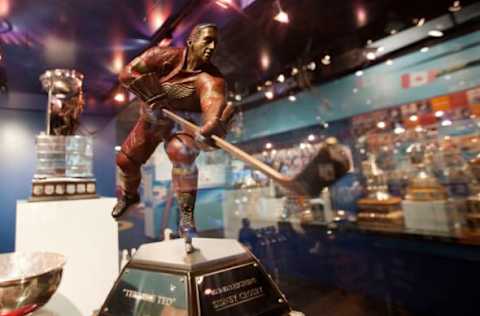 VANCOUVER, BC – FEBRUARY 26: The Ted Lindsay award as well as the rest of the NHL Trophies are on display prior to the 2014 Heritage Classic Game on February 26, 2014 at the B.C. Hall of Fame in Vancouver, B.C., Canada. The Ottawa Senators and the Vancouver Canucks square off in this year’s annual classic. (Photo by Kevin Light/NHLI via Getty Images)