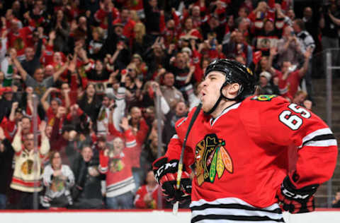 CHICAGO, IL – APRIL 23: Andrew Shaw #65 of the Chicago Blackhawks reacts after scoring against the St. Louis Blues in the third period of Game Six of the Western Conference First Round during the 2016 NHL Stanley Cup Playoffs at the United Center on April 23, 2016 in Chicago, Illinois. (Photo by Bill Smith/NHLI via Getty Images)