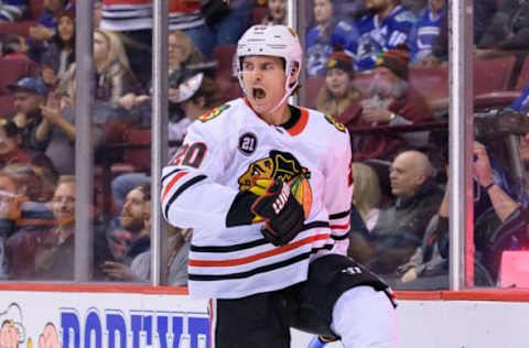 VANCOUVER, BC – OCTOBER 31: Chicago Blackhawks Left Wing Brandon Saad (20) celebrates after scoring a goal against the Vancouver Canucks during their NHL game at Rogers Arena on October 31, 2018 in Vancouver, British Columbia, Canada. (Photo by Derek Cain/Icon Sportswire via Getty Images)