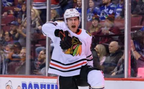 VANCOUVER, BC – OCTOBER 31: Chicago Blackhawks Left Wing Brandon Saad (20) celebrates after scoring a goal during their NHL game against the Vancouver Canucks at Rogers Arena on October 31, 2018 in Vancouver, British Columbia, Canada. Vancouver won 4-2. (Photo by Derek Cain/Icon Sportswire via Getty Images)