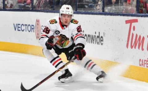 COLUMBUS, OH – OCTOBER 20: Henri Jokiharju #28 of the Chicago Blackhawks skates against the Columbus Blue Jackets on October 20, 2018 at Nationwide Arena in Columbus, Ohio. Chicago defeated Columbus 4-1. (Photo by Jamie Sabau/NHLI via Getty Images)