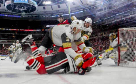 CHICAGO, IL – NOVEMBER 27: Brayden McNabb #3 of the Vegas Golden Knights loses his footing against the Chicago Blackhawks at the United Center on November 27, 2018 in Chicago, Illinois. (Photo by Chase Agnello-Dean/NHLI via Getty Images)