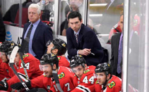 CHICAGO, IL – NOVEMBER 27: Chicago Blackhawks head coach Jeremy Colliton looks on in third period action during a NHL game between the Chicago Blackhawks and the Vegas Golden Knights on November 27, 2018 at the United Center, in Chicago, Illinois. (Photo by Robin Alam/Icon Sportswire via Getty Images)