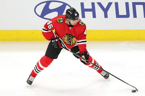 Lucas Carlsson #46, Chicago Blackhawks (Photo by Stacy Revere/Getty Images)