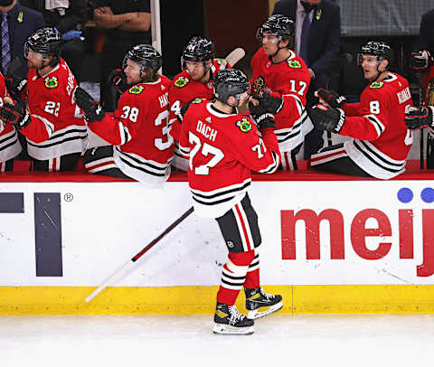 Kirby Dach #77, Chicago Blackhawks (Photo by Jonathan Daniel/Getty Images)