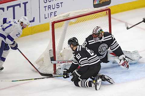 Riley Stillman #61, Malcolm Subban #30 Chicago Blackhawks (Photo by Jonathan Daniel/Getty Images)