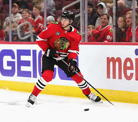 Lukas Reichel #27, Chicago Blackhawks (Photo by Jonathan Daniel/Getty Images)