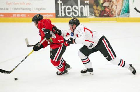 CHICAGO, IL – JULY 17: Chicago Blackhawks winger Henri Jokiharju (28) participates during the Chicago Blachawks Development Camp on July 17, 2017 at Johnny’s IceHouse in Chicago, Illinois. (Photo by Robin Alam/Icon Sportswire via Getty Images)