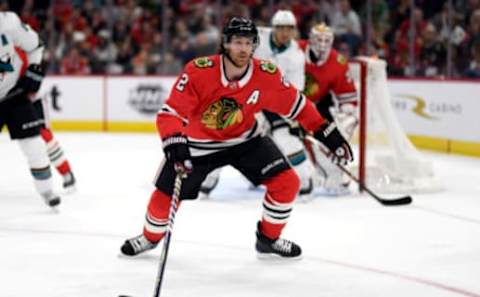 CHICAGO, IL – MARCH 26: Chicago Blackhawks defenseman Duncan Keith (2) skates in action during a game between the Chicago Blackhawks and the San Jose Sharks on March 26, 2018, at the United Center in Chicago, Illinois. (Photo by Robin Alam/Icon Sportswire via Getty Images)