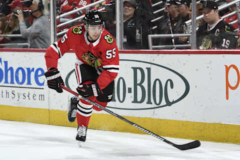 CHICAGO, IL – APRIL 06: Blake Hillman #55 of the Chicago Blackhawks skates in the second period against the St. Louis Blues at the United Center on April 6, 2018 in Chicago, Illinois. The St. Louis Blues defeated the Chicago Blackhawks 4-1. (Photo by Bill Smith/NHLI via Getty Images)