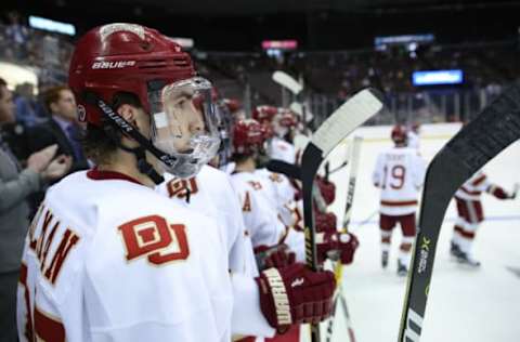 CINCINNATI, OH – MARCH 25: Denver Pioneers defenseman Blake Hillman (25) looks on during the Midwest Regional of the NCAA Hockey Championship between the Denver Pioneers and the Michigan Tech Huskies on March 25th 2017, at US Bank Arena in Cincinnati, OH. Denver defeated Michigan Tech 5-2. (Photo by Ian Johnson/Icon Sportswire via Getty Images)