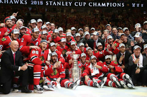 The Chicago Blackhawks celebrate after defeating the Tampa Bay Lightning in Game 6 of the Stanley Cup Final on Monday, June 15, 2015, at the United Center in Chicago. (Brian Cassella/Chicago Tribune/TNS via Getty Images)