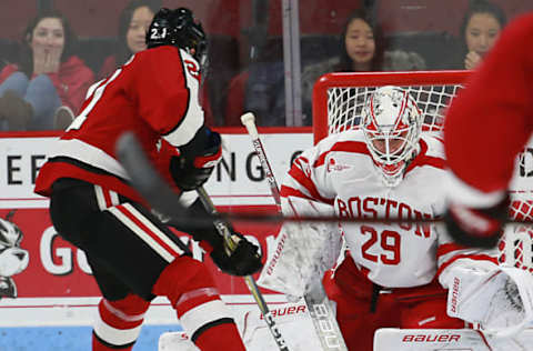 BOSTON, MA – NOVEMBER 4: Boston University goalie Jake Oettinger is beaten for a goal by Northeastern University’s Nolan Stevens during the first period. Boston University hosts Northeastern University in a men’s college hockey game at Agganis Arena in Boston on Nov. 4, 2017. (Photo by Matthew J. Lee/The Boston Globe via Getty Images)