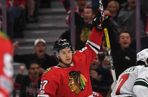 CHICAGO, IL – OCTOBER 12: Chicago Blackhawks center Tanner Kero (67) celebrates a goal during a game between the Chicago Blackhawks and the Minnesota Wild on October 12, 2017, at the United Center in Chicago, IL. (Photo by Patrick Gorski/Icon Sportswire via Getty Images)