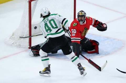 Dallas Stars left wing Remi Elie (40) scores on Chicago Blackhawks goalie Corey Crawford (50) in the second period of a game at the United Center on Thursday, Nov. 30, 2017 in Chicago.The Stars won 4-3 in overtime. (Chris Sweda/Chicago Tribune/TNS via Getty Images)