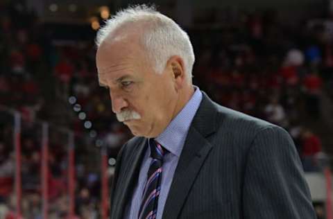 RALEIGH, NC – NOVEMBER 11: Chicago Blackhawks head coach Joel Quenneville walks off the ice at the second intermission during a game between the Carolina Hurricanes and the Chicago Blackhawks at the PNC Arena on Raleigh, NC on November 11, 2017. Chicago defeated Carolina 4-3 in overtime. (Photo by Greg Thompson/Icon Sportswire via Getty Images)