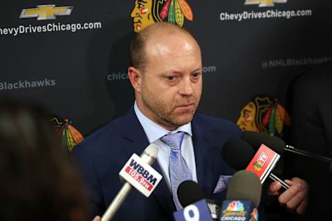 CHICAGO, IL – JANUARY 10: Stan Bowman, Chicago Blackhawks senior vice president and general manager, speaks to the media in between periods of the game between the Chicago Blackhawks and the Minnesota Wild at the United Center on January 10, 2018 in Chicago, Illinois. (Photo by Chase Agnello-Dean/NHLI via Getty Images)