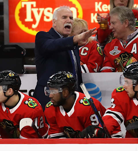 CHICAGO, IL – JANUARY 12: Head coach Joel Quenneville of the Chicago Blackhawks gives instructions to his team against the Winnipeg Jets at the United Center on January 12, 2018 in Chicago, Illinois. (Photo by Jonathan Daniel/Getty Images)