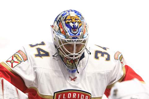 NASHVILLE, TN – JANUARY 20: The artwork on the top of the mask of Florida Panthers goalie James Reimer (34) is shown during the NHL game between the Nashville Predators and the Florida Panthers, held on January 20, 2018, at Bridgestone Arena in Nashville, Tennessee. (Photo by Danny Murphy/Icon Sportswire via Getty Images)