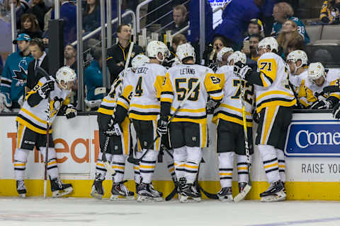 SAN JOSE, CA – JANUARY 20: Pittsburgh Penguins timeout as the game winds down during the third period of the regular season game between the San Jose Sharks and the Pittsburgh Penguins held January 20, 2018 at the SAP Center in San Jose, CA. (Photo by Allan Hamilton/Icon Sportswire via Getty Images)