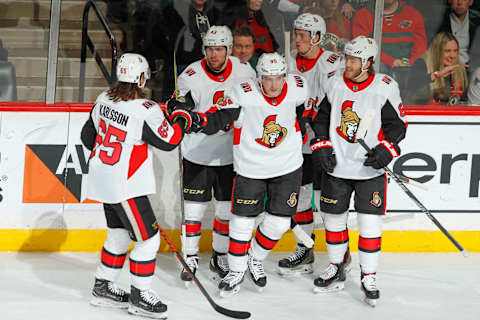 ST. PAUL, MN – JANUARY 22: The Ottawa Senators celebrate after scoring a goal against the Minnesota Wild during the game at the Xcel Energy Center on January 22, 2018 in St. Paul, Minnesota. (Photo by Bruce Kluckhohn/NHLI via Getty Images)