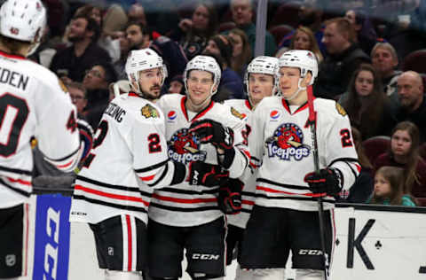 CLEVELAND, OH – JANUARY 19: Rockford IceHogs left wing Matthew Highmore (9) is congratulated by Rockford IceHogs defenceman Adam Clendening (2), Rockford IceHogs center Luke Johnson (37), and Rockford IceHogs defenceman Ville Pokka (29) after scoring a goal during the third period of the American Hockey League game between the Rockford IceHogs and Cleveland Monsters on January 19, 2018, at Quicken Loans Arena in Cleveland, OH. Rockford defeated Cleveland 4-3. (Photo by Frank Jansky/Icon Sportswire via Getty Images)