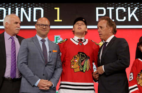 DALLAS, TX – JUNE 22: Adam Boqvist poses after being selected eighth overall by the Chicago Blackhawks during the first round of the 2018 NHL Draft at American Airlines Center on June 22, 2018 in Dallas, Texas. (Photo by Bruce Bennett/Getty Images)