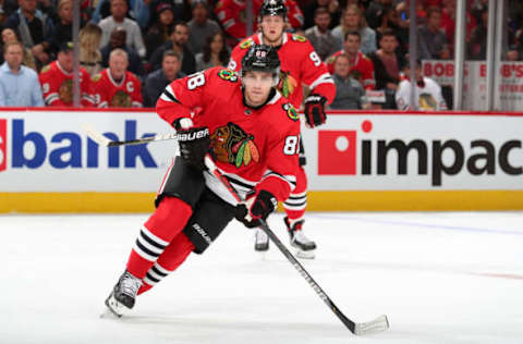 CHICAGO, IL – OCTOBER 10: Patrick Kane #88 of the Chicago Blackhawks skates in the first period against the San Jose Sharks at the United Center on October 10, 2019 in Chicago, Illinois. The San Jose Sharks defeated the Chicago Blackhawks 5-4. (Photo by Chase Agnello-Dean/NHLI via Getty Images)