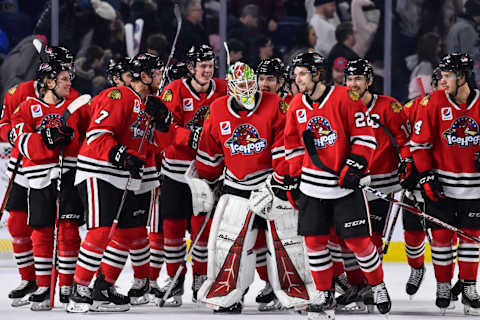 LAVAL, QC – DECEMBER 17: The Rockford IceHogs celebrate their shoot-out victory against the Laval Rocket at Place Bell on December 17, 2019 in Laval, Canada. The Rockford IceHogs defeated the Laval Rocket 3-2 in the shoot-out. (Photo by Minas Panagiotakis/Getty Images)