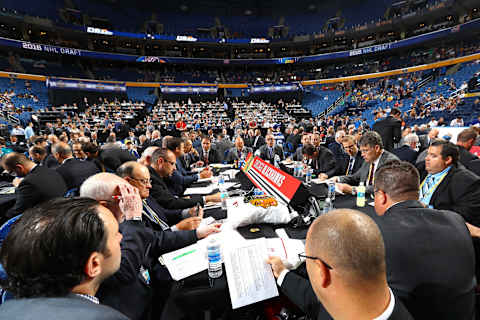 Chicago Blackhawks draft table (Photo by Bruce Bennett/Getty Images)