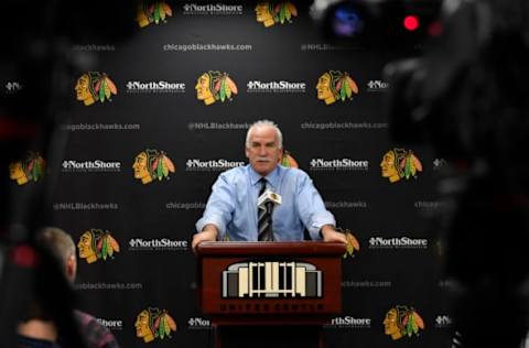 CHICAGO, IL – NOVEMBER 01: Chicago Blackhawks head coach Joel Quenneville talks to members of the media after the game between the Chicago Blackhawks and the Philadelphia Flyers on November 1, 2017, at the United Center in Chicago, IL. (Photo by Robin Alam/Icon Sportswire via Getty Images)