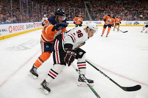 Matthew Highmore #36, Chicago Blackhawks (Photo by Codie McLachlan/Getty Images)